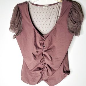 FREE PEOPLE INTIMATELY YOURS RUCHED ROSE TOP WITH MESH Lace SLEEVES AND BACK